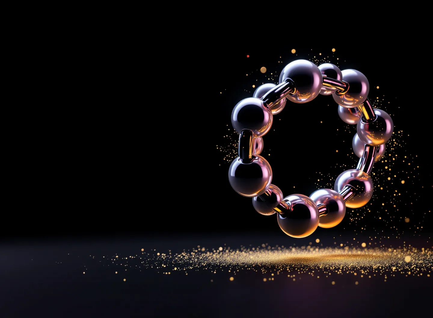 Shader-lit cyclic peptide ring sculpture with purple-and-cyan volumetric lighting on ink ground